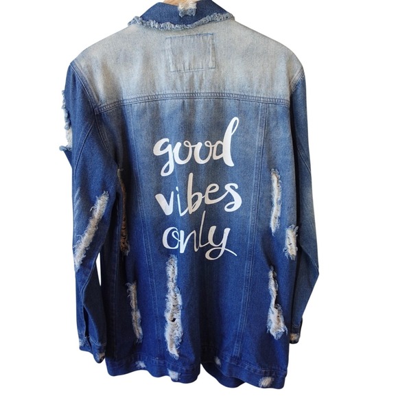 Between Us Jackets & Blazers - Y2K Denim Jacket Womens L XL Distressed Blue Jean Good Vibes Acid Wash Shirt